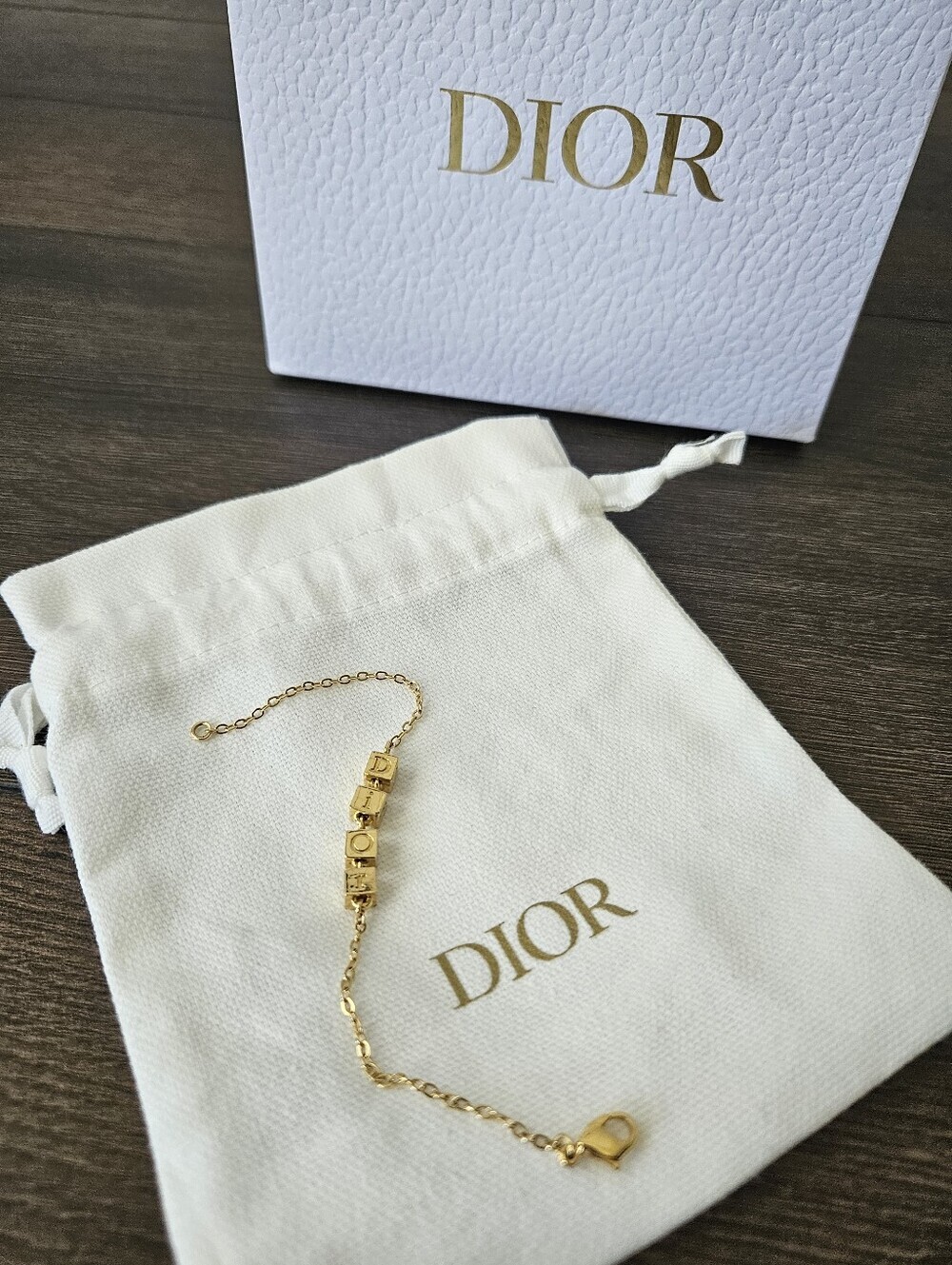 Christian Dior Gold Tone DIOR Cube Bracelet 6 3/4" + Dior Dust & Shopping Bag